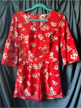 Lila Rose Red Floral Jumper Romper Shorts